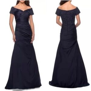 New La Femme Navy Beaded Off the Shoulder Sweetheart Ruched Satin Mermaid Gown